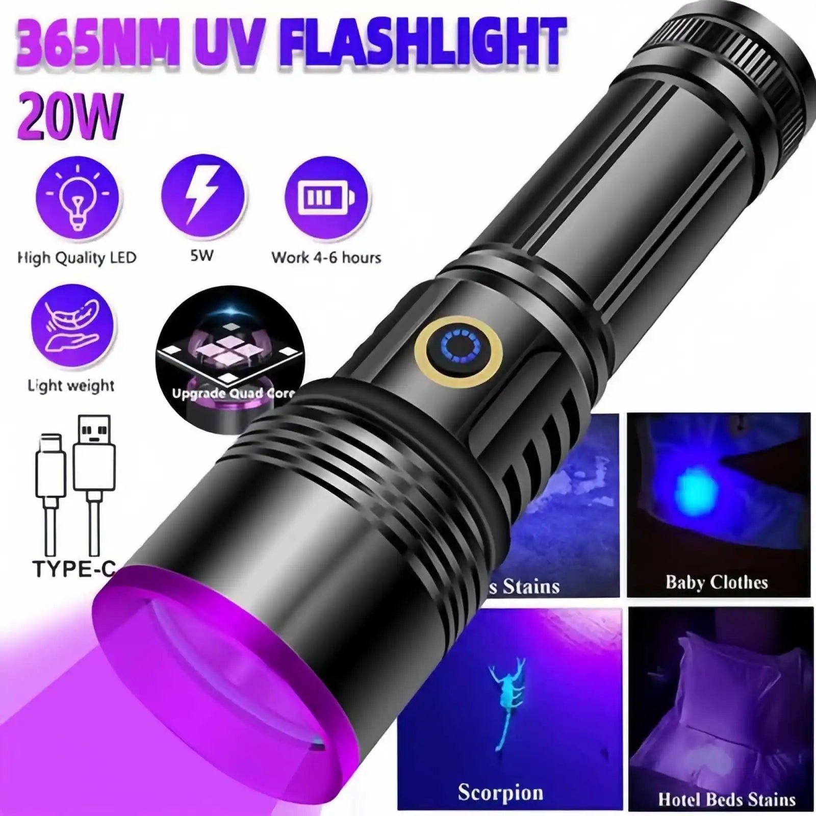 Black Light Flashlight USB Rechargeable