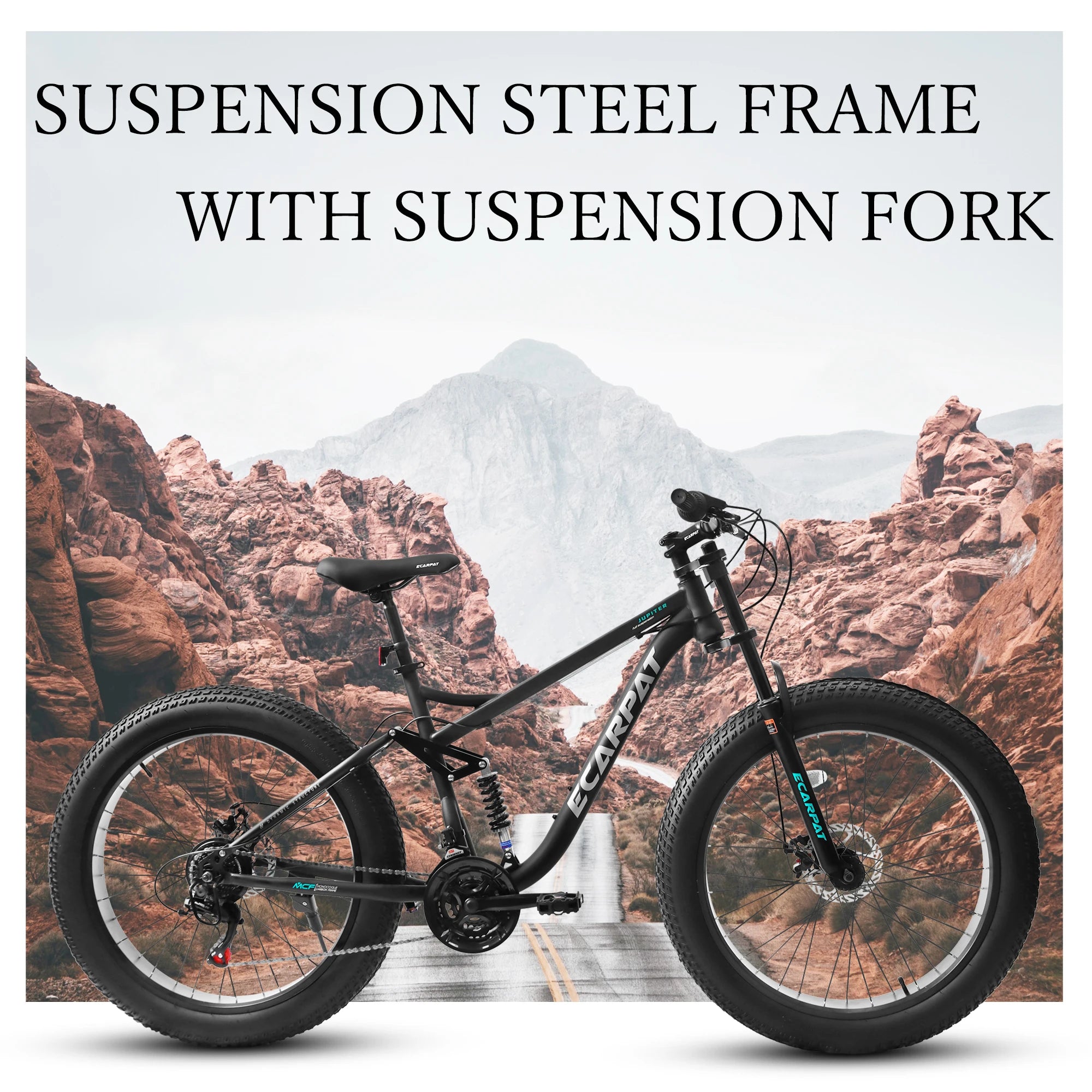26 inch Mountain Bike, Full-Suspension 21 Speeds Drivetrain with Disc-Brake MTB Bicycle, 26*4" Fat tire