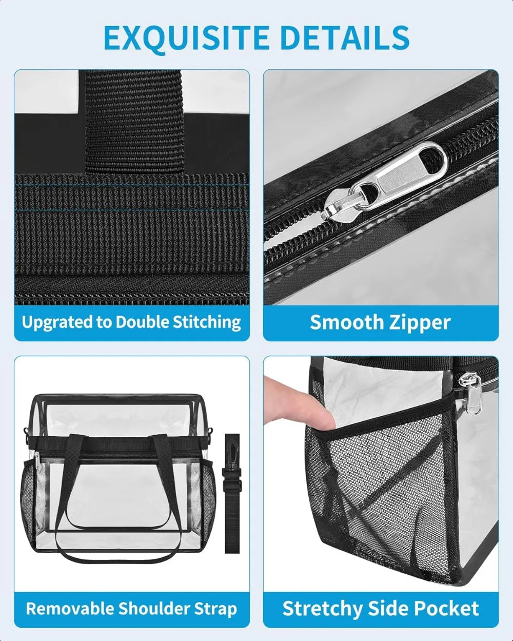 Clear Stadium Tote Bag 12x6x12 with Detachable Strap for Sports & Concerts