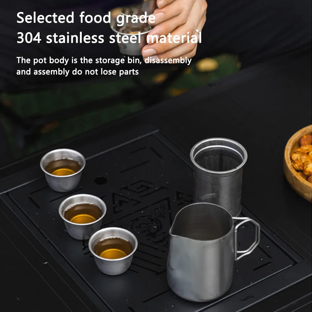 1.1L/1.2L Camping Kettle Set with 4 Cups Durable 304 Stainless Steel Tea Set for Hiking,Backpacking,Picnic,Carrying Bag Included