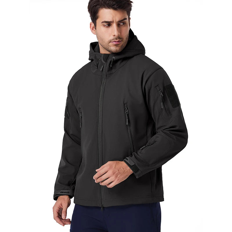 Men's Waterproof Softshell Jacket Warm Fleece Hooded Coat Windproof Outdoor Sports Fishing Hiking Jacket