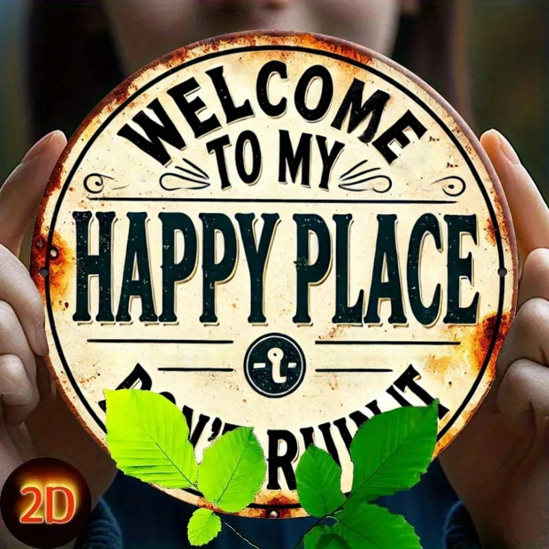 1pc Welcome to My Happy Place" Round Metal Sign - Durable, Easy-Hang Decor for Bedroom, Kitchen, Dining & Bar Decor