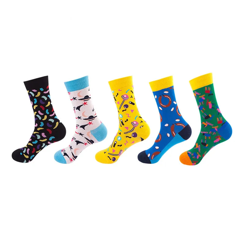 10pcs=5 Pairs Neutral Cool Funny Hiphop Casual Pastel Pack Long Tube Set Men Fashion Print Harajuku Cotton Sports Running Socks