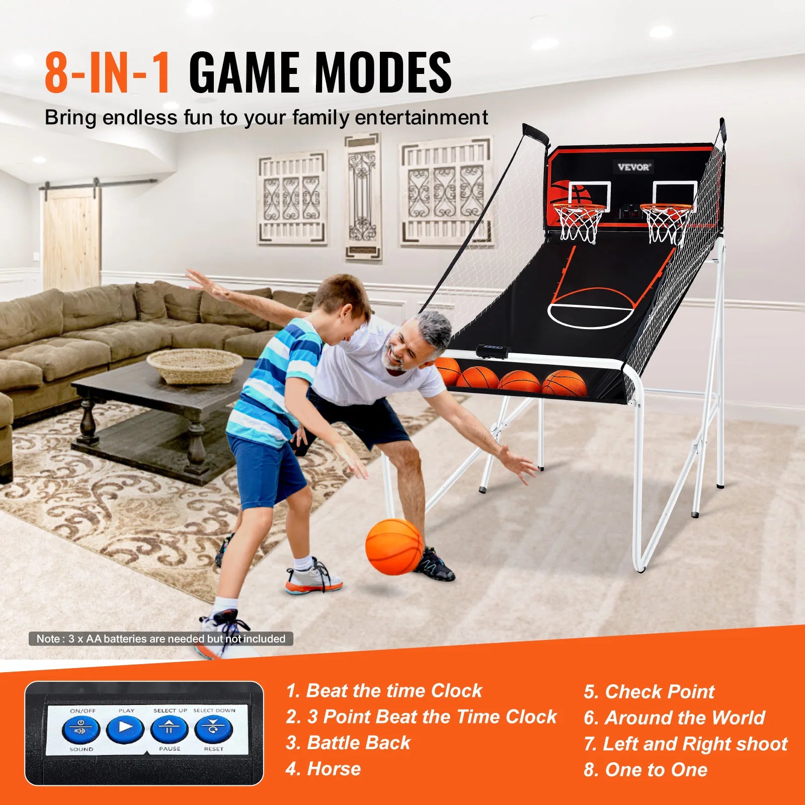 Foldable Basketball Arcade Game 2 Player Indoor 4 Balls 8 Game Modes for Kid Adult