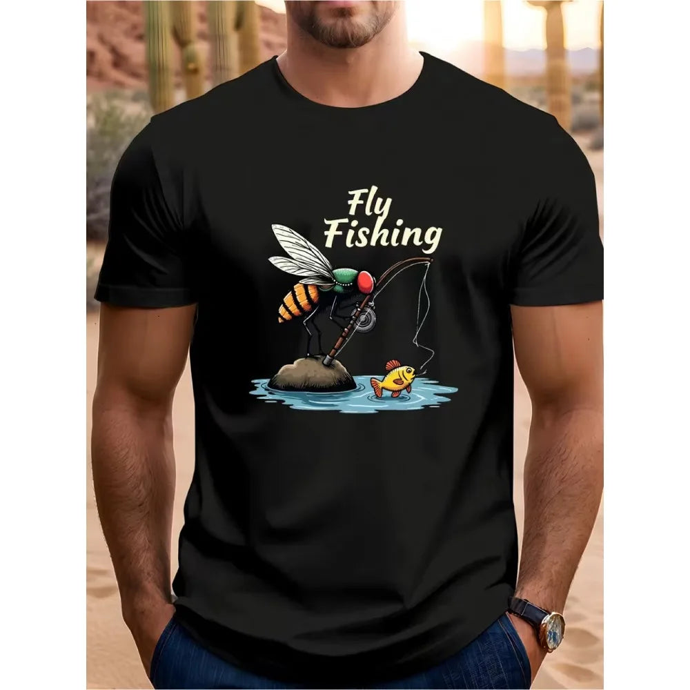 Men's Fly Fishing Fly Fishing Print T-Shirt, Fun Fishing Enthusiast Street Style Crew Neck Short Sleeve Top