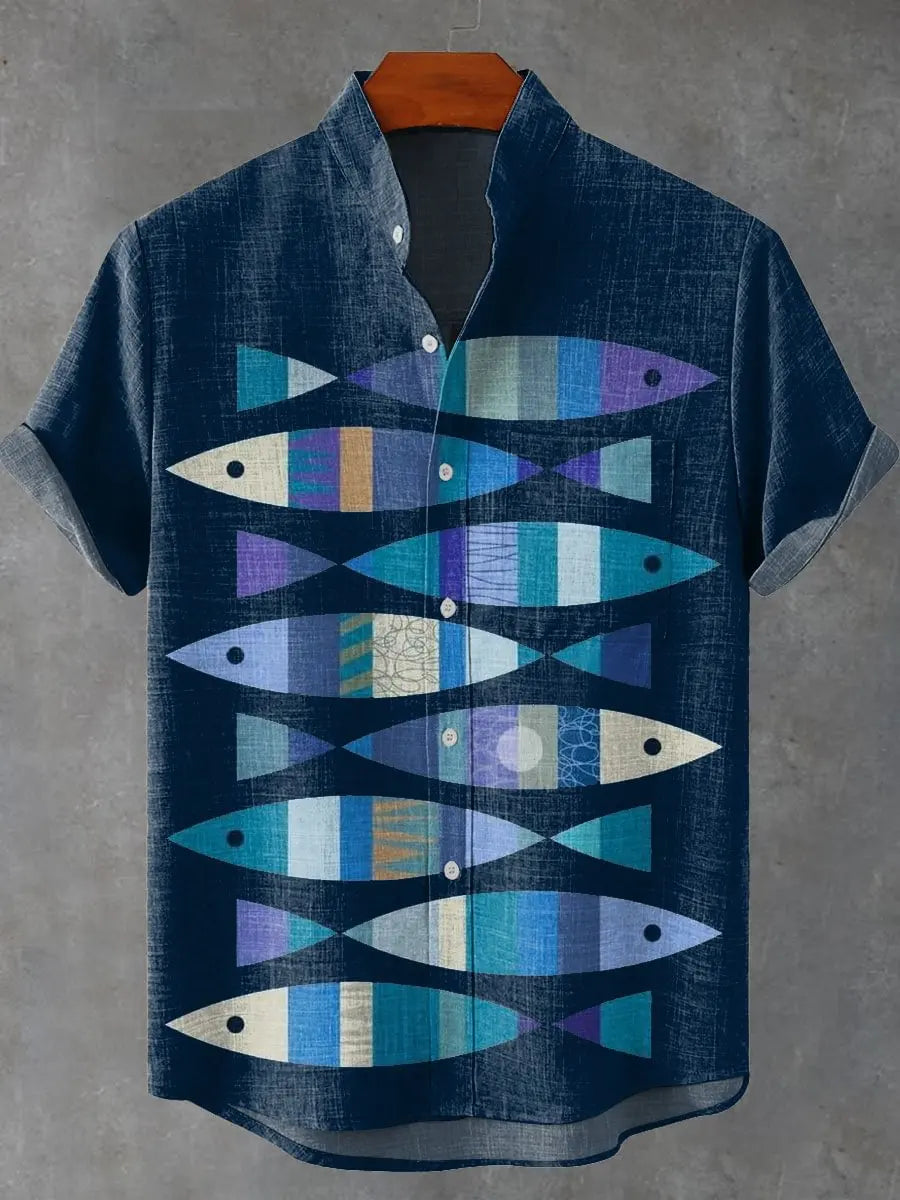 Men Summer Retro Fish Pattern Art Shirt Casual Linen Short Sleeve Fishing Enthusiast Clothing Beautiful Style Camisas De Hombre