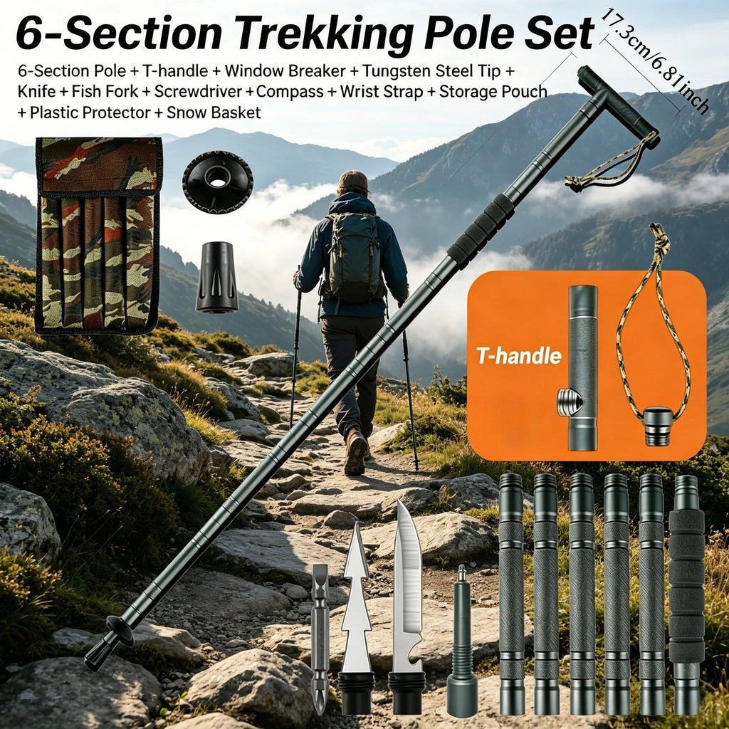 Folding Trekking Pole Heavy Duty Aluminum Alloy Handle Non-Slip Multi-Function Outdoor Hiking Walking Stick for Camping
