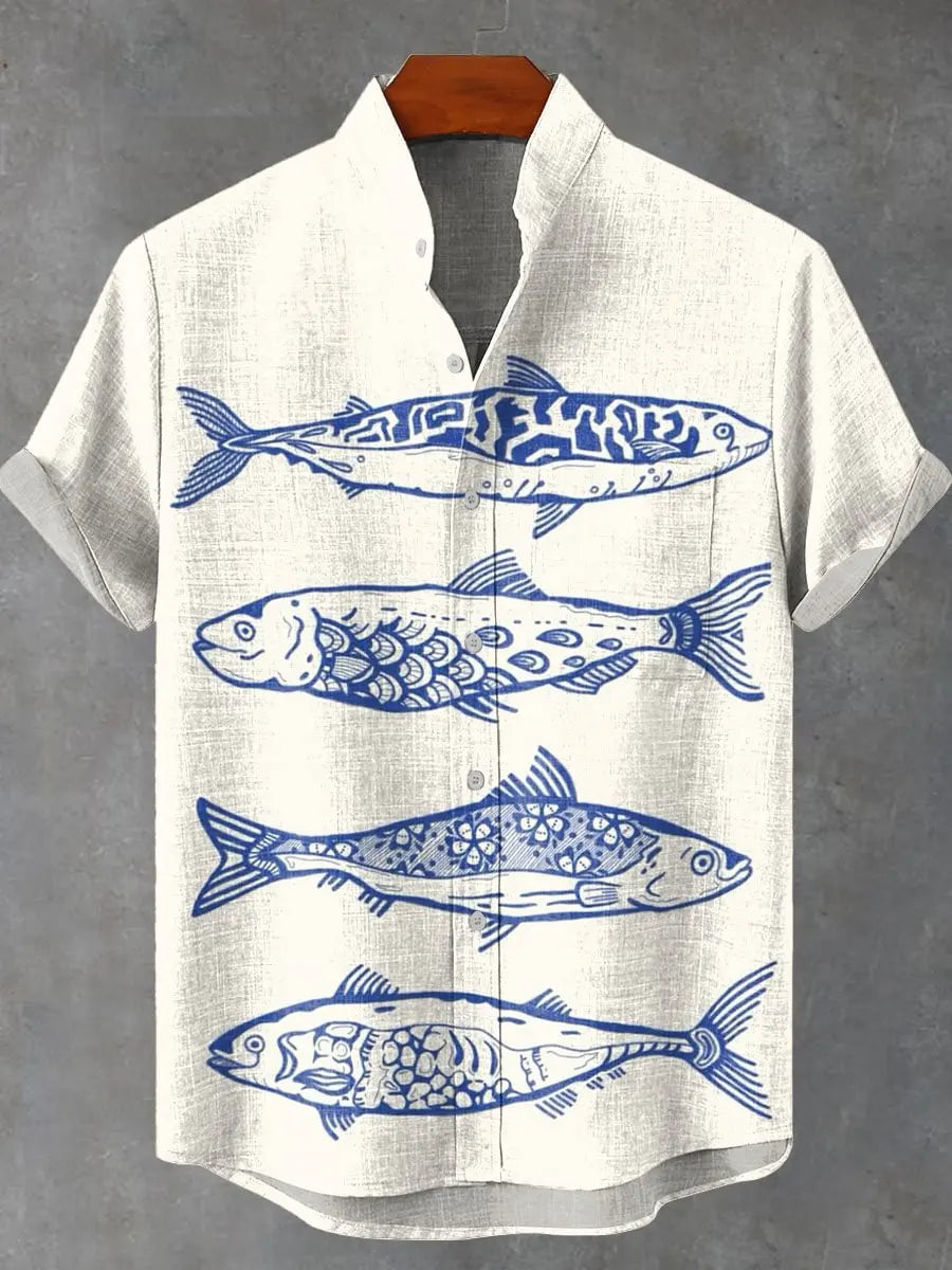 Men Summer Retro Fish Pattern Art Shirt Casual Linen Short Sleeve Fishing Enthusiast Clothing Beautiful Style Camisas De Hombre