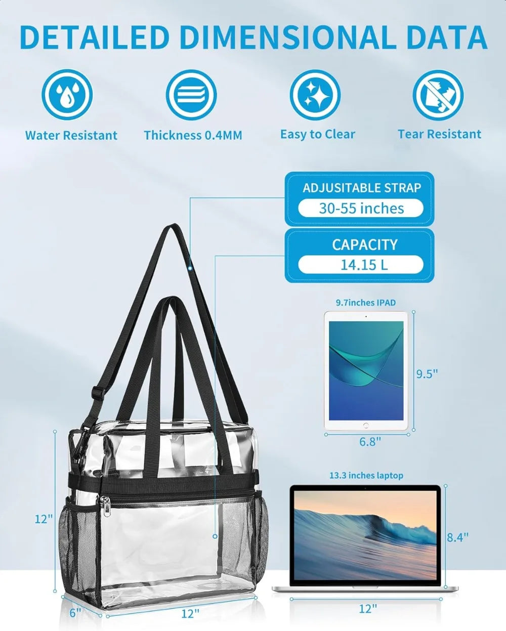 Clear Stadium Tote Bag 12x6x12 with Detachable Strap for Sports & Concerts