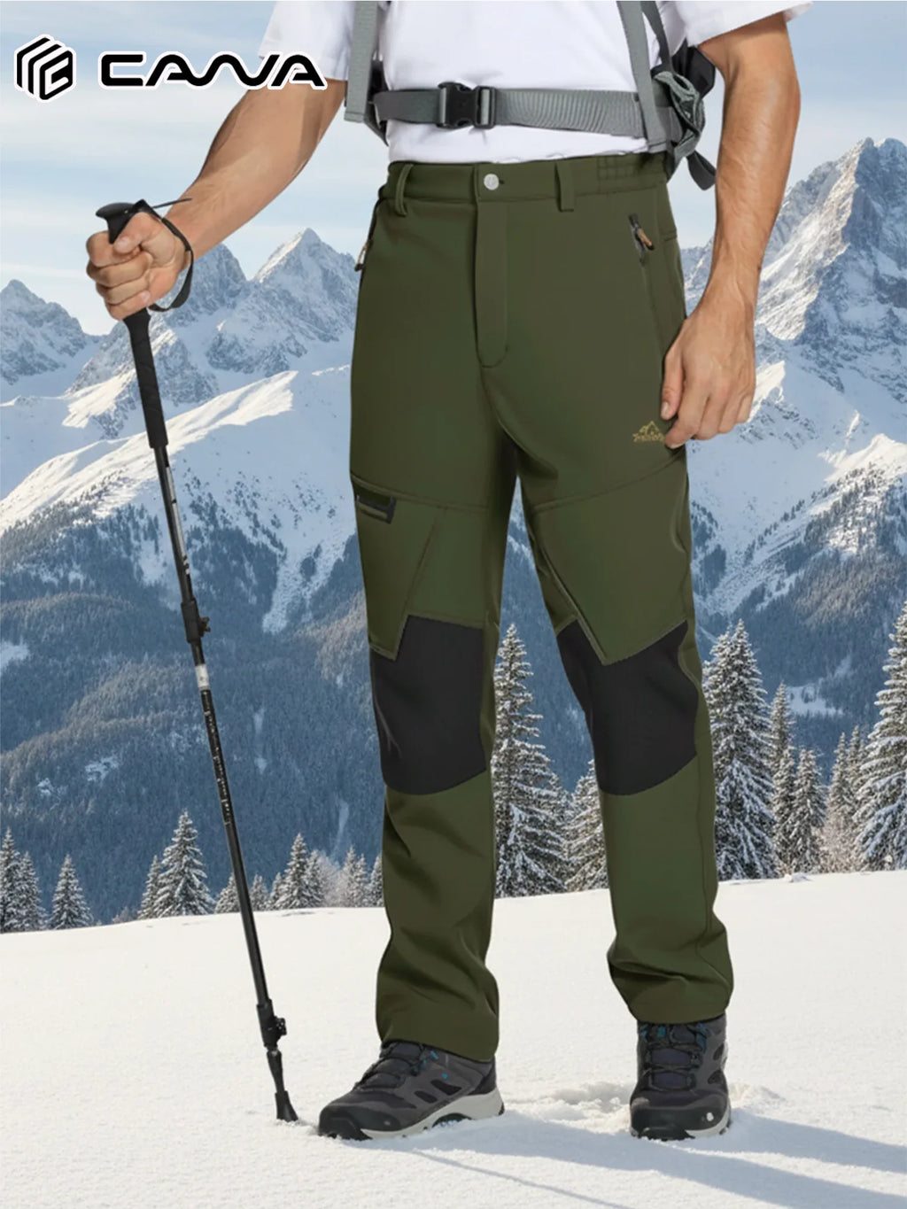 Men's Fleece Hiking Pants Waterproof Outdoor Ski Trousers with Zip Pockets