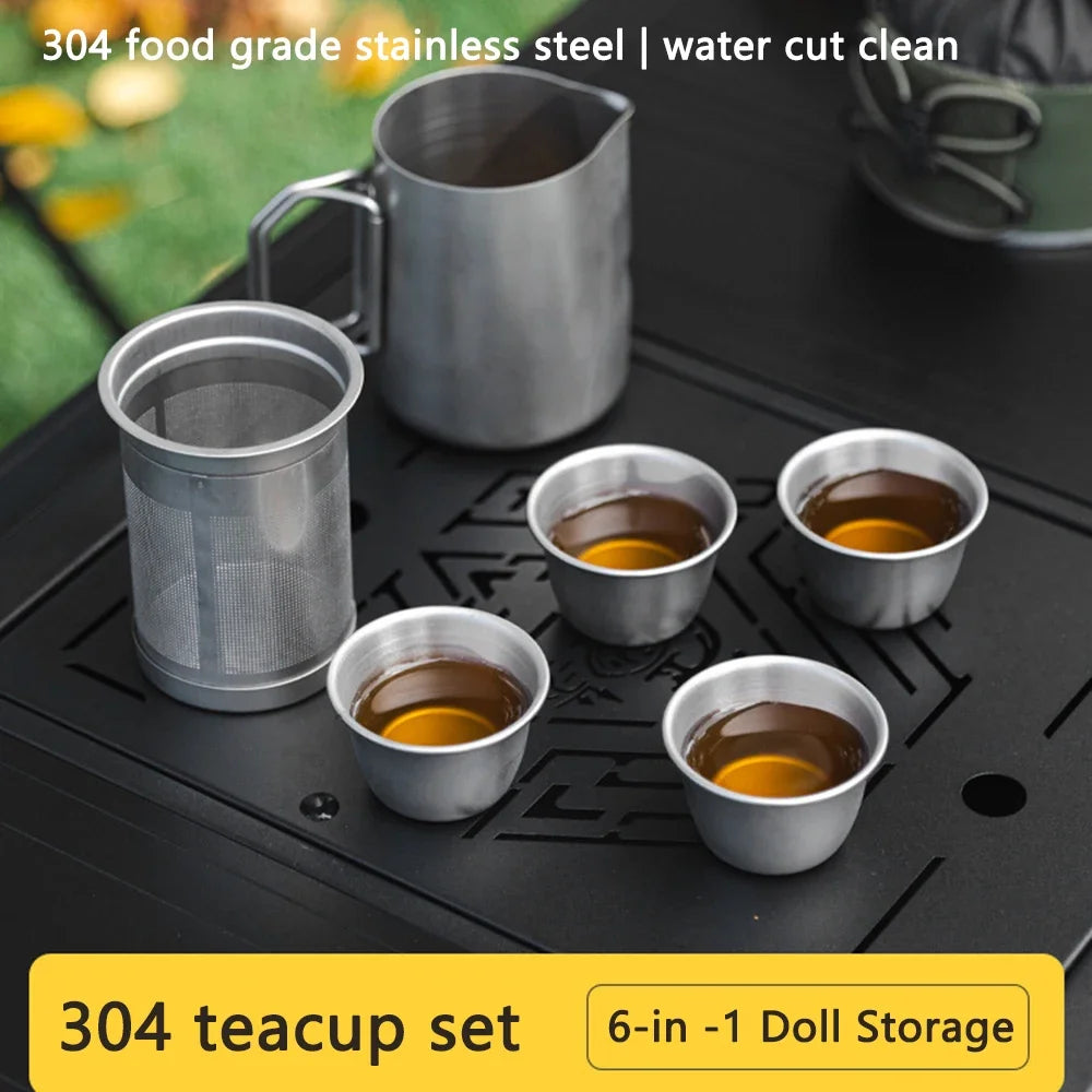 1.1L/1.2L Camping Kettle Set with 4 Cups Durable 304 Stainless Steel Tea Set for Hiking,Backpacking,Picnic,Carrying Bag Included