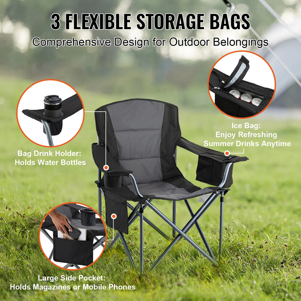 Folding Chair for Adults Portable Lumbar Back Padded Arm Chairs with Side Pockets