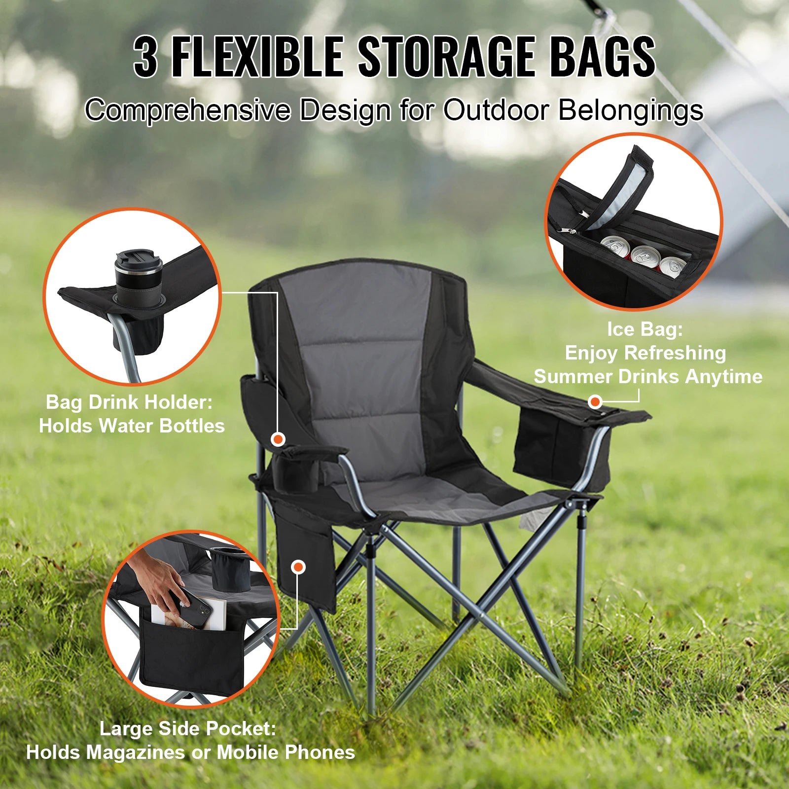 Folding Chair for Adults Portable Lumbar Back Padded Arm Chairs with Side Pockets