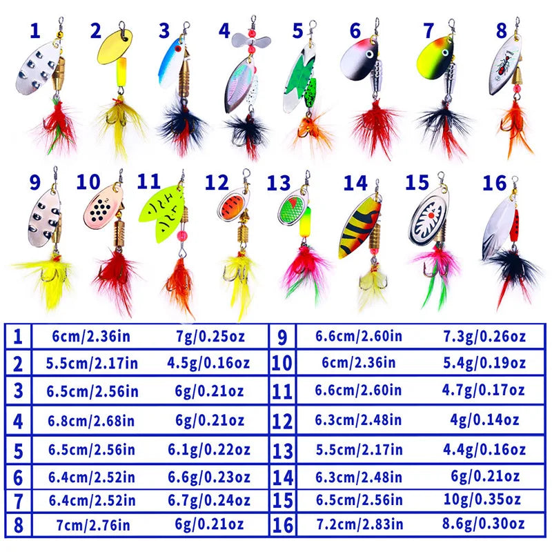 16PCS Fake Bait Spinner Lures for Fishing
