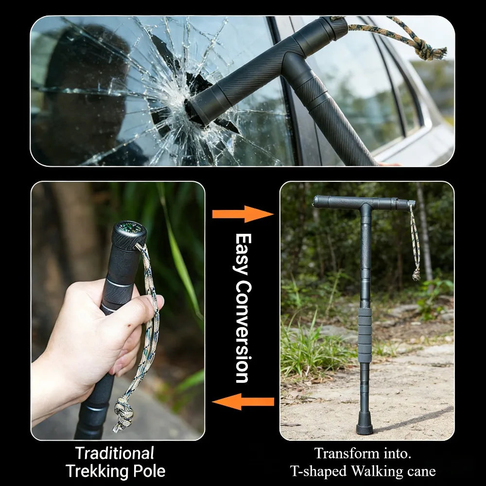 Folding Trekking Pole Heavy Duty Aluminum Alloy Handle Non-Slip Multi-Function Outdoor Hiking Walking Stick for Camping