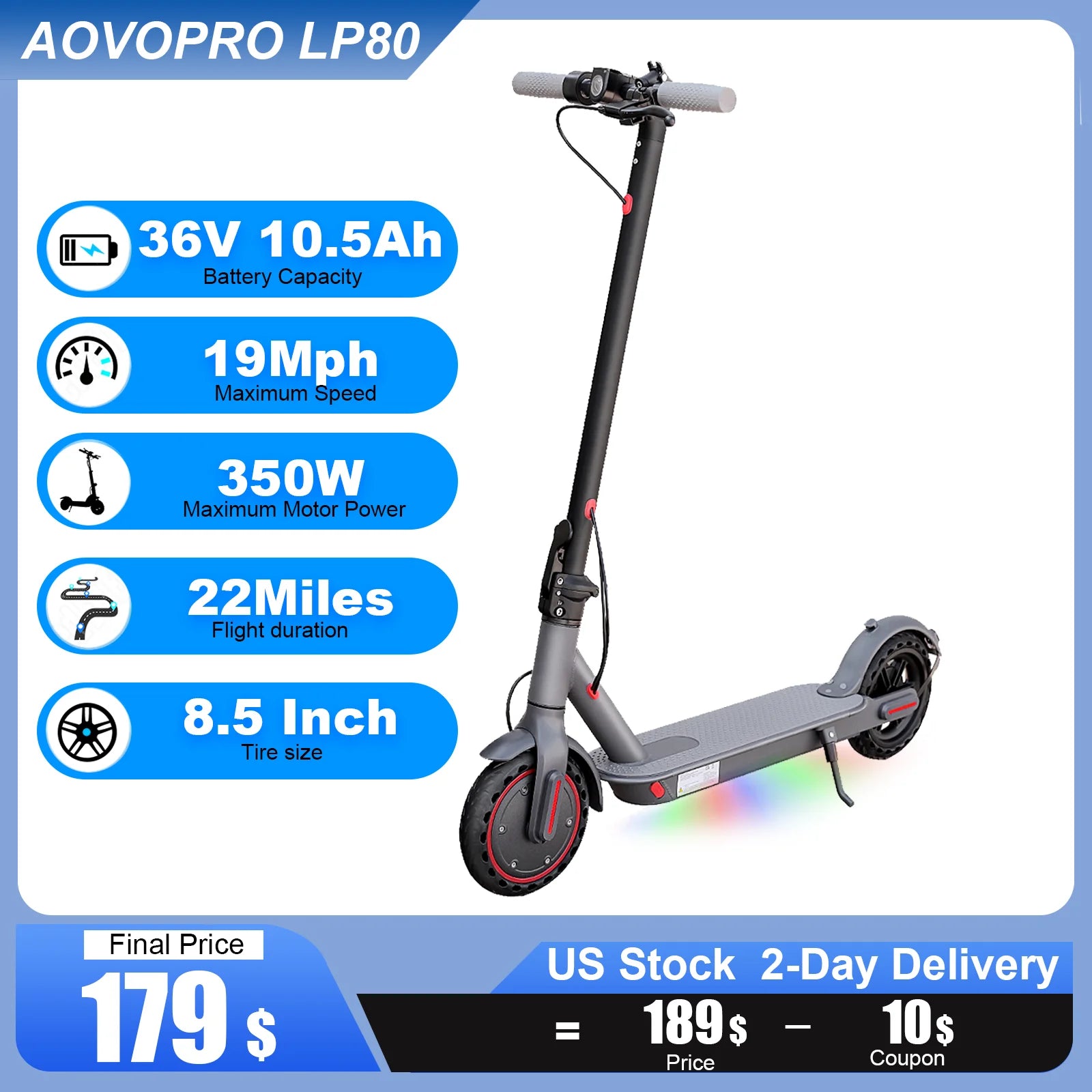Electric Scooter Foldable 36V Powerful Motor 19mph 22Miles Long Range 8.5Inch