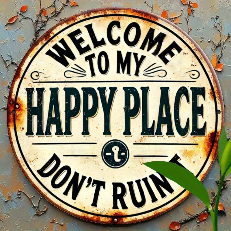 1pc Welcome to My Happy Place" Round Metal Sign - Durable, Easy-Hang Decor for Bedroom, Kitchen, Dining & Bar Decor
