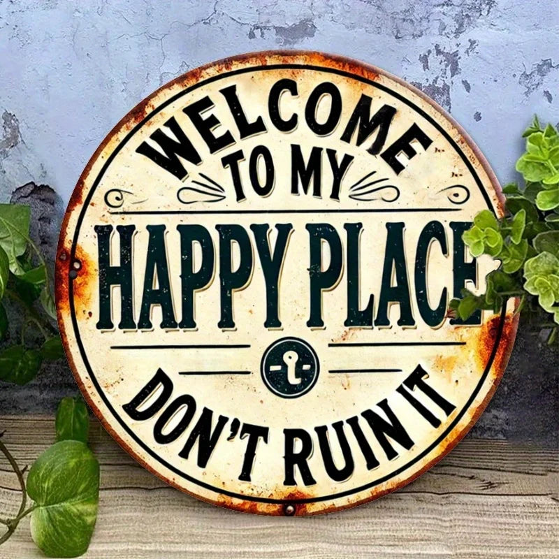 1pc Welcome to My Happy Place" Round Metal Sign - Durable, Easy-Hang Decor for Bedroom, Kitchen, Dining & Bar Decor