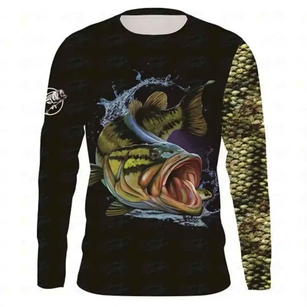 26 Personality New Fishing Pattern 3D Printed Men's Long Sleeve Tshirt Round Neck Outdoor Quick-drying Casual Sports Fashion Tops