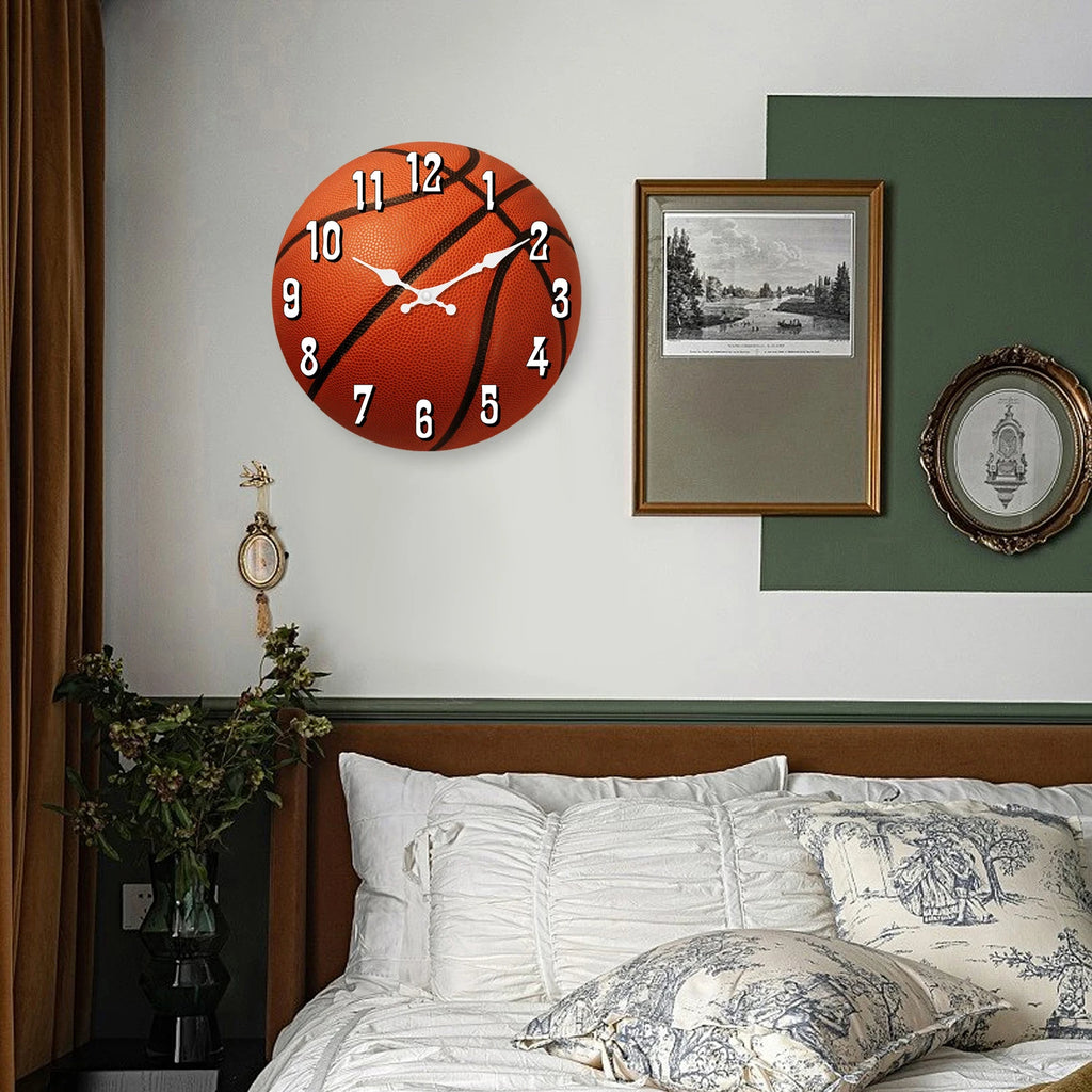 Basketball Texture Pattern Wooden Wall Clock Living Room Bedroom Kitchen Home Decoration Wall Clock Silent Quartz Clock Holiday Gift 10 Inches 12 Inches 14 Inches 16inch (Without Batteries)