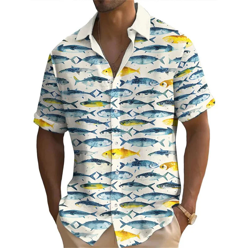 Full Over Print Tuna Pattern Men Funny Shirt Fishing Enthusiasts Funny Humour Button Shirts Loose Short Sleeve Summer Novel Top
