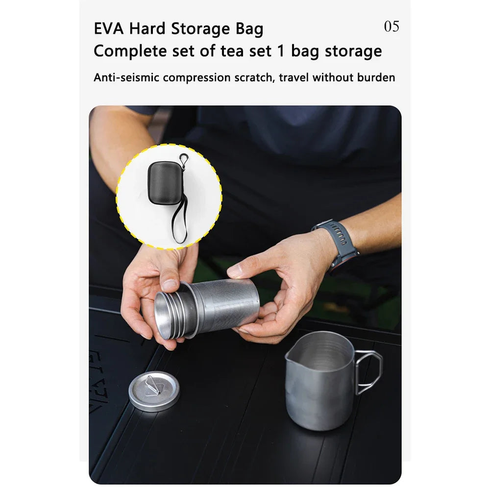1.1L/1.2L Camping Kettle Set with 4 Cups Durable 304 Stainless Steel Tea Set for Hiking,Backpacking,Picnic,Carrying Bag Included