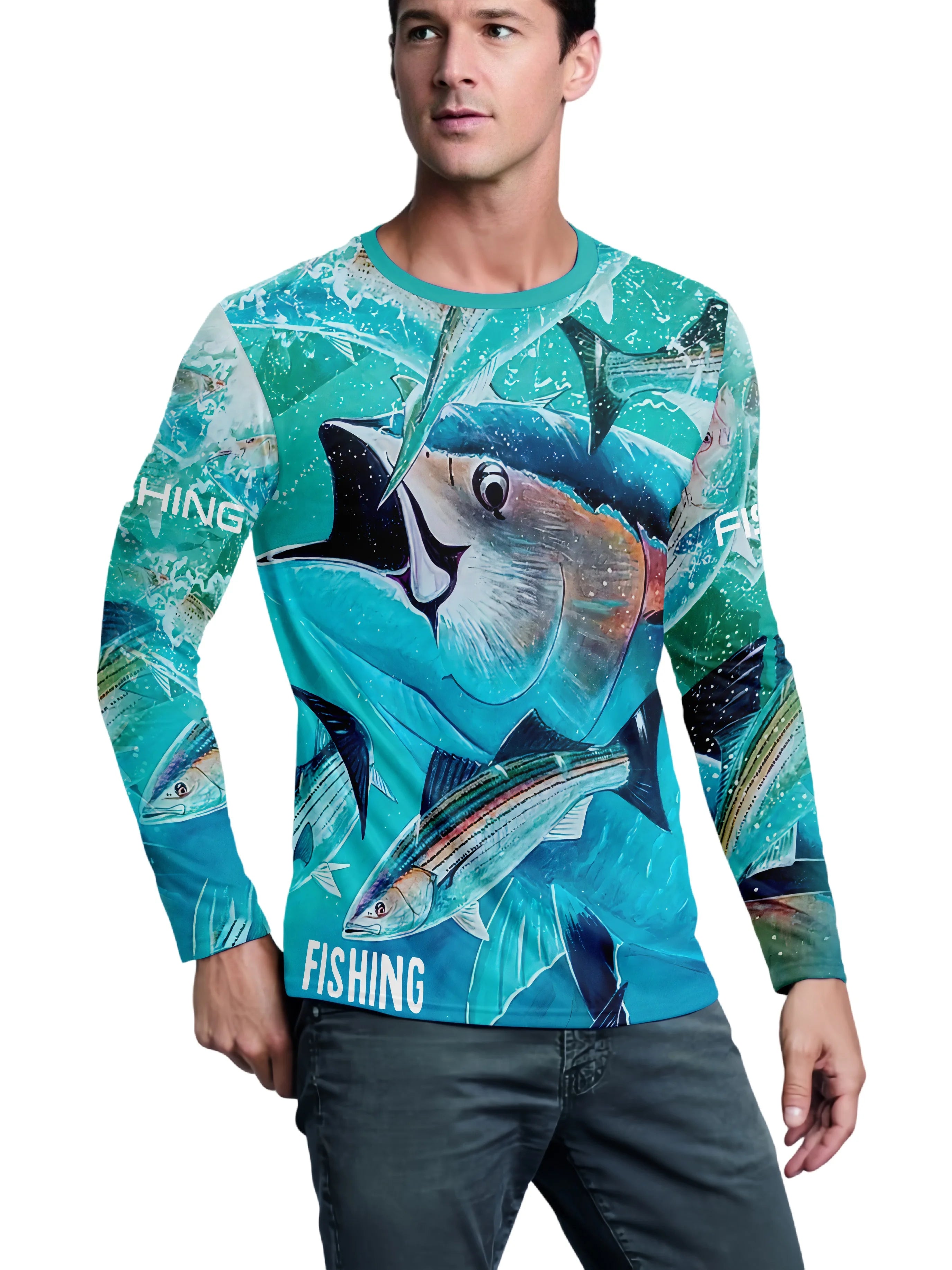 Fishing T Shirt for Men Summer Outdoor Fishing Apparel Sun Protective Long Sleeve 3D Printed Casual Tee UV Resistant Quick Dry