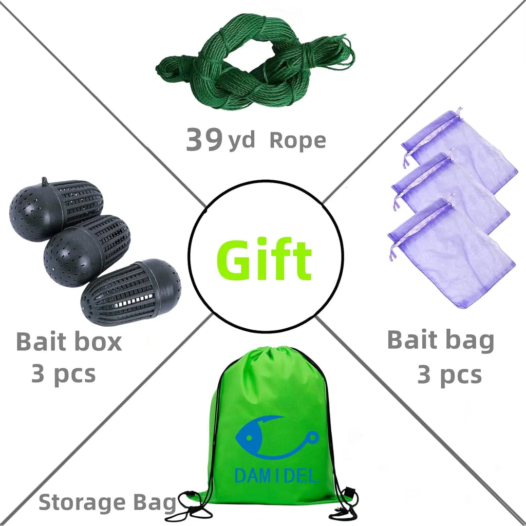 32in x 10in Folded Fishing Bait Trap with 10 Holes, Large Space for Fish/Crab/Shrimp/Crawdad, Includes Bait Bag and Rope