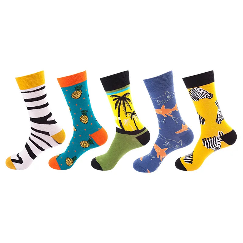 10pcs=5 Pairs Neutral Cool Funny Hiphop Casual Pastel Pack Long Tube Set Men Fashion Print Harajuku Cotton Sports Running Socks
