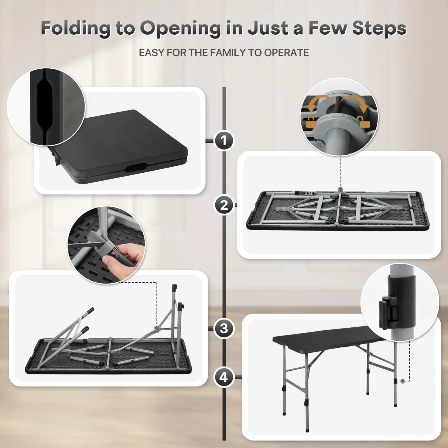 4ft Folding Table Outdoor Lightweight Portable Square Plastic Table for Camping Picnic Party Black