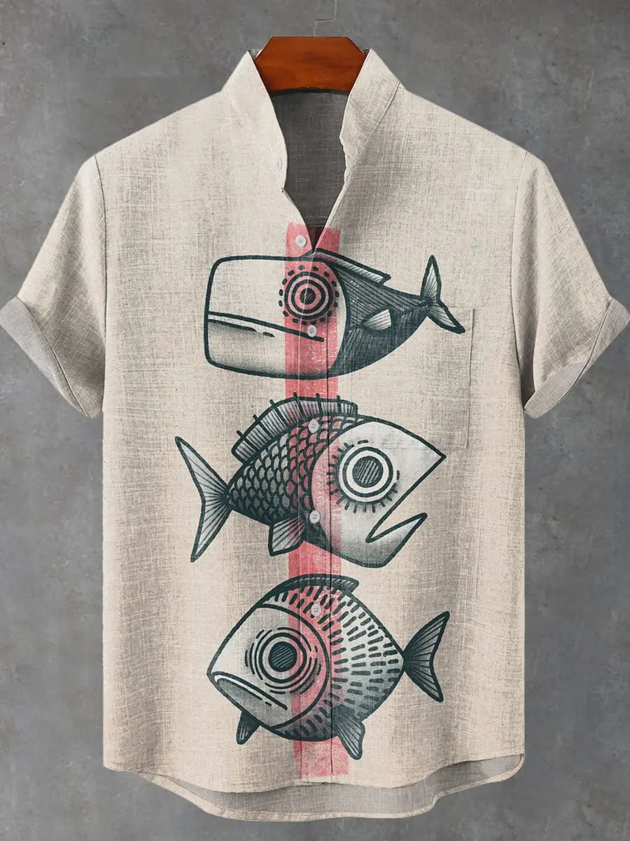 Men Summer Retro Fish Pattern Art Shirt Casual Linen Short Sleeve Fishing Enthusiast Clothing Beautiful Style Camisas De Hombre