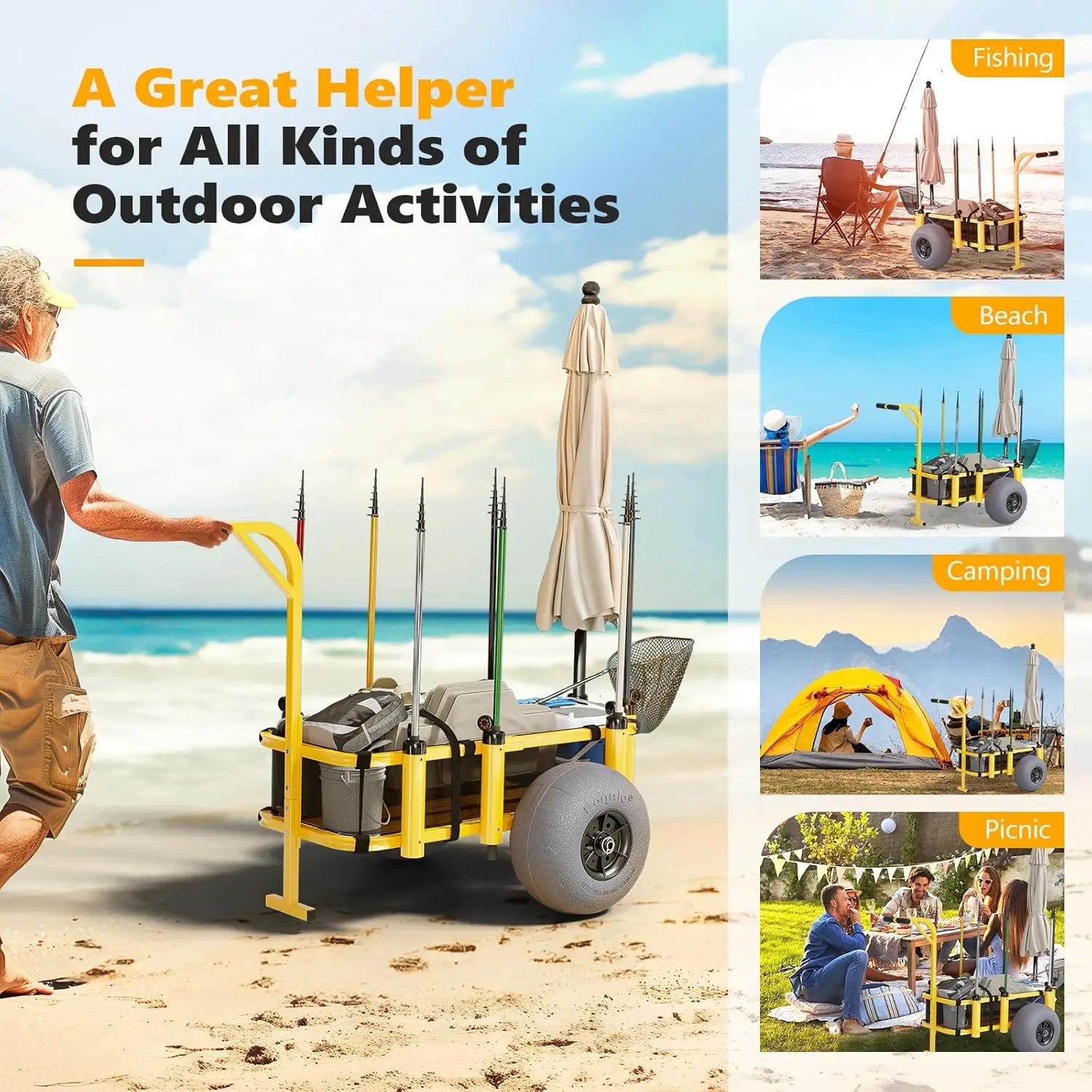 Fishing Cart-Beach Wagon w/ 13" Big Wheels for Sand, 300 lbs Load Capacity