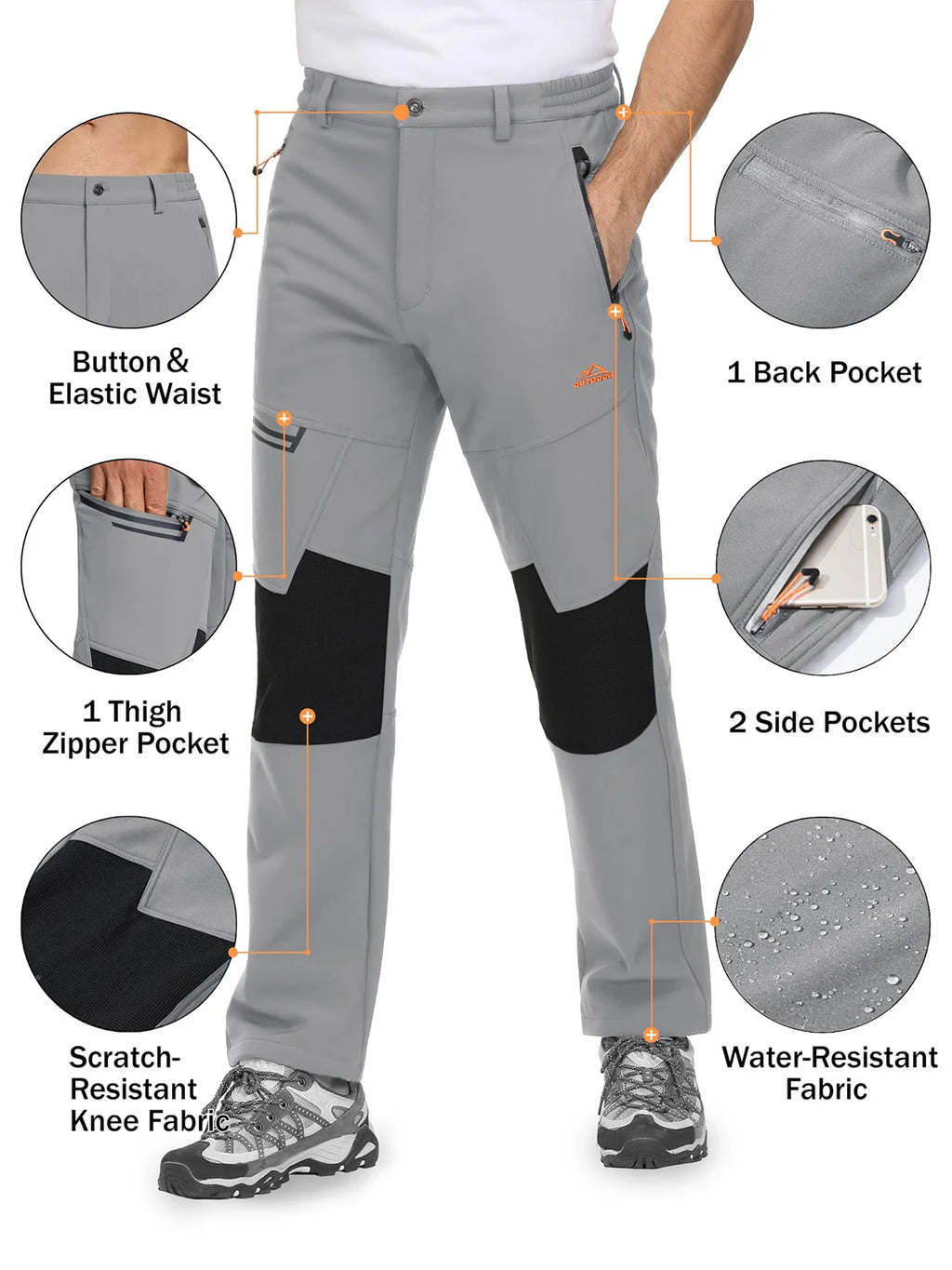 Men's Fleece Hiking Pants Waterproof Outdoor Ski Trousers with Zip Pockets