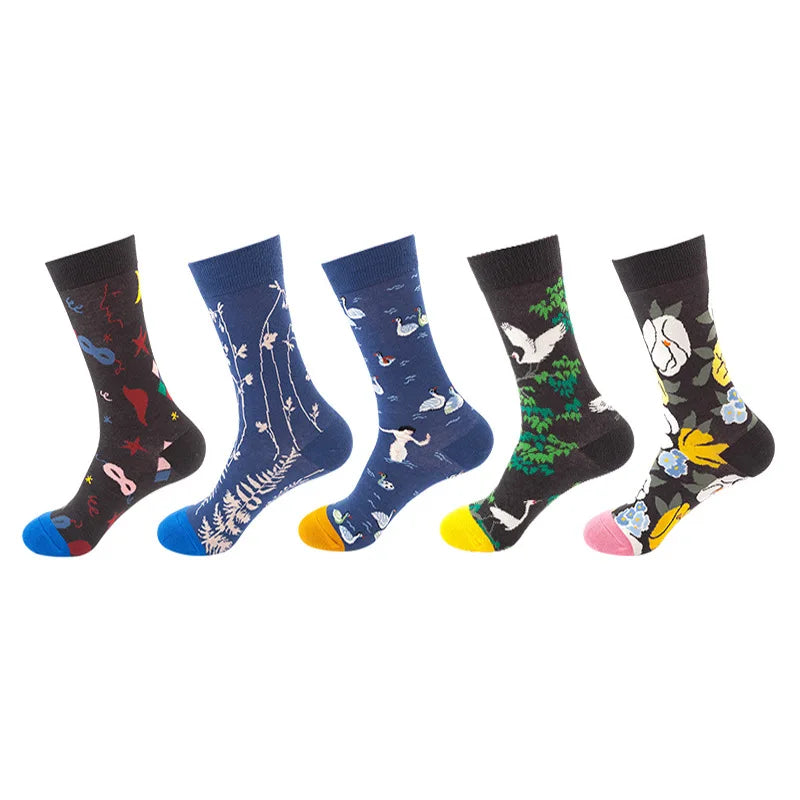 10pcs=5 Pairs Neutral Cool Funny Hiphop Casual Pastel Pack Long Tube Set Men Fashion Print Harajuku Cotton Sports Running Socks