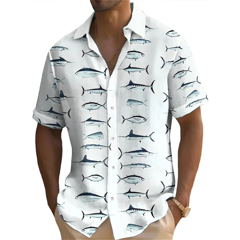 Full Over Print Tuna Pattern Men Funny Shirt Fishing Enthusiasts Funny Humour Button Shirts Loose Short Sleeve Summer Novel Top