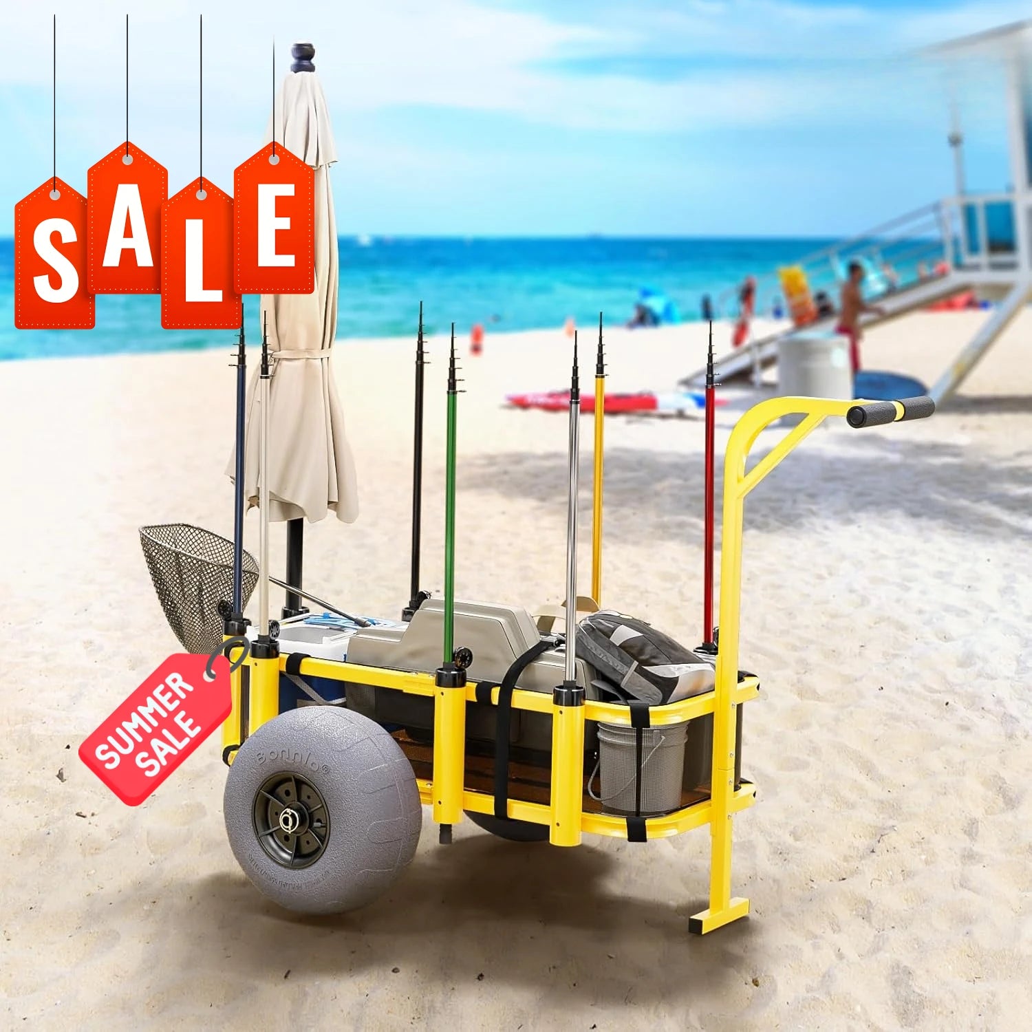 Fishing Cart-Beach Wagon w/ 13" Big Wheels for Sand, 300 lbs Load Capacity
