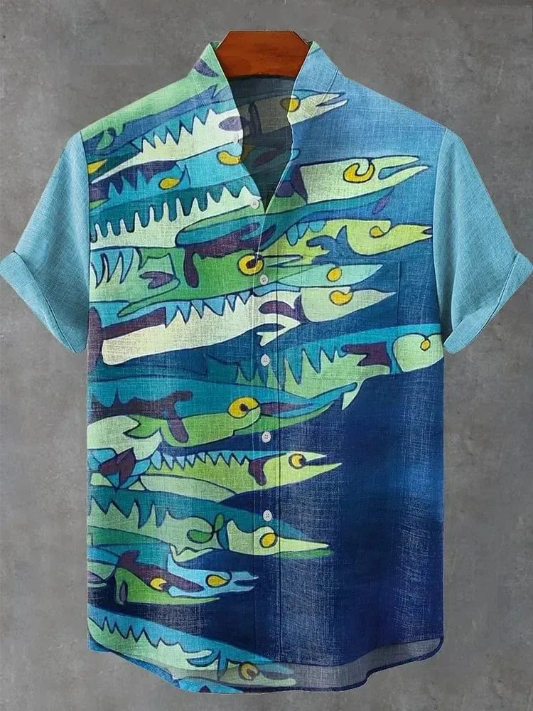 Men Summer Retro Fish Pattern Art Shirt Casual Linen Short Sleeve Fishing Enthusiast Clothing Beautiful Style Camisas De Hombre