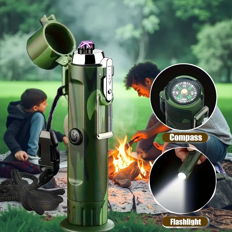 Electric Windproof Metal Lighter Flameless Dual Arc Plasma Rechargeable USB Waterproof Lighter with Flashlight Outdoor Tools