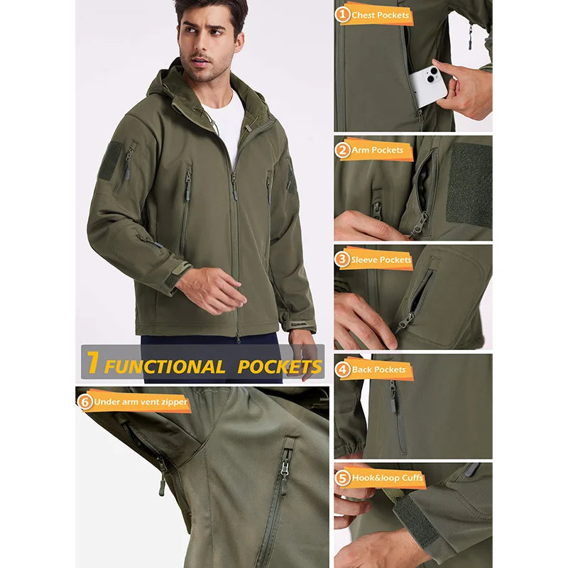 Men's Waterproof Softshell Jacket Warm Fleece Hooded Coat Windproof Outdoor Sports Fishing Hiking Jacket