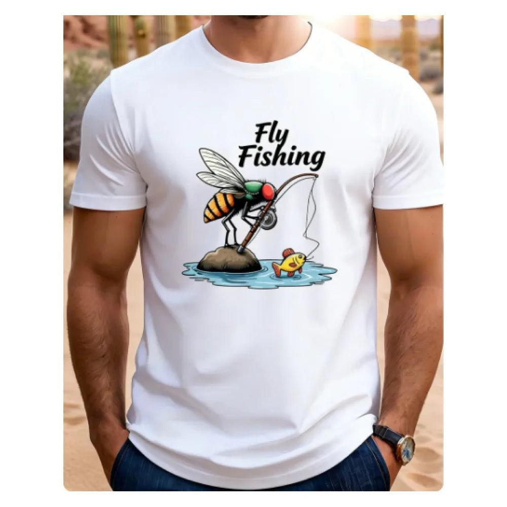 Men's Fly Fishing Fly Fishing Print T-Shirt, Fun Fishing Enthusiast Street Style Crew Neck Short Sleeve Top
