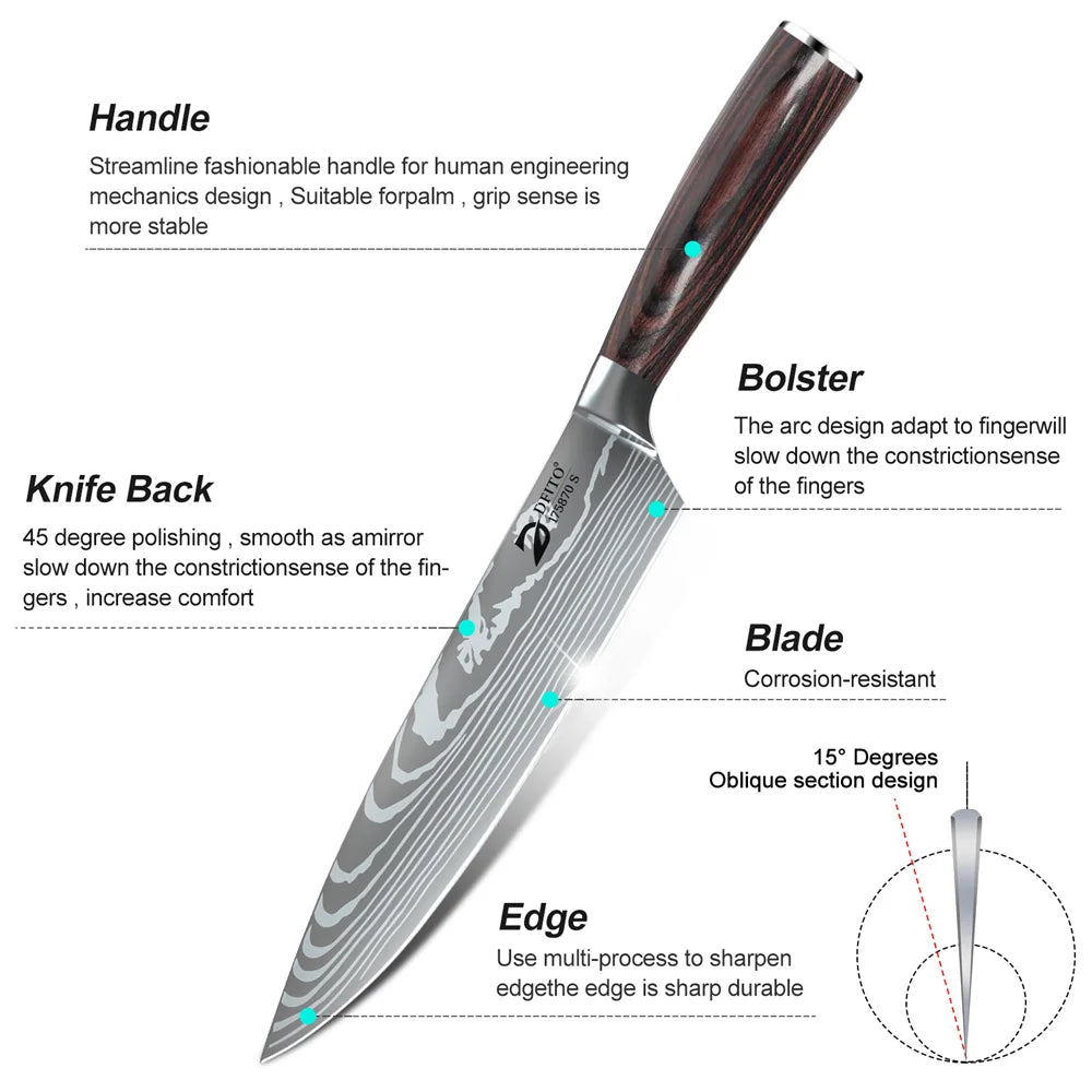 Kitchen Knife Damascus Stainless Steel Chef Knife 8 pcs w/Nylon Bag