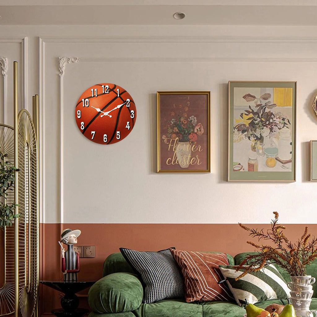 Basketball Texture Pattern Wooden Wall Clock Living Room Bedroom Kitchen Home Decoration Wall Clock Silent Quartz Clock Holiday Gift 10 Inches 12 Inches 14 Inches 16inch (Without Batteries)