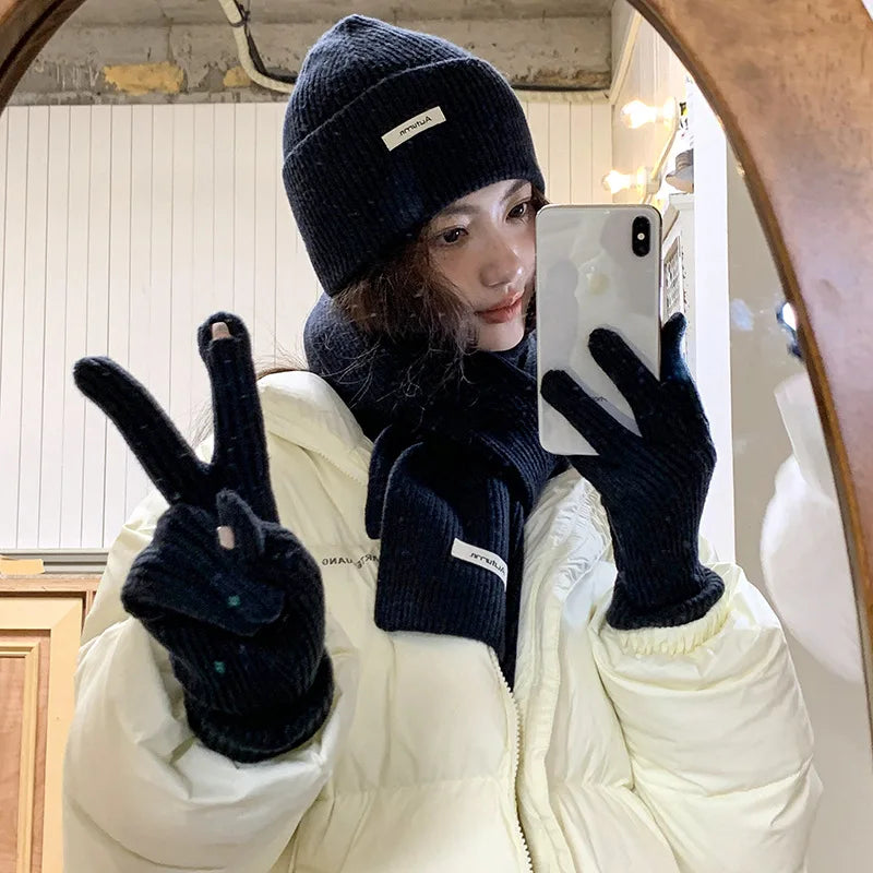 Neck Scarf Gloves Caps Three Piece Set For Women & Men  Scarf Glove Set