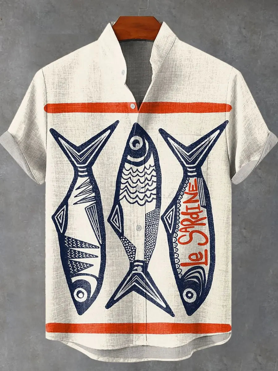 Men Summer Retro Fish Pattern Art Shirt Casual Linen Short Sleeve Fishing Enthusiast Clothing Beautiful Style Camisas De Hombre