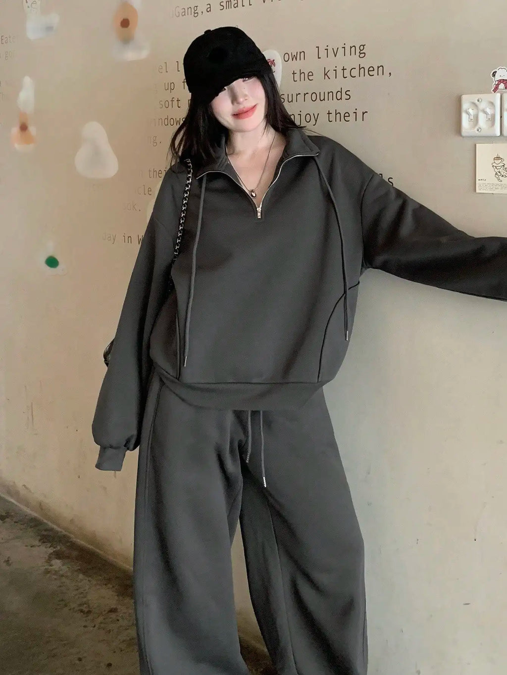 Women's Streetwear Hoodie & Wide Leg Pants Set, Casual Loose Fit 2 Piece Outfit