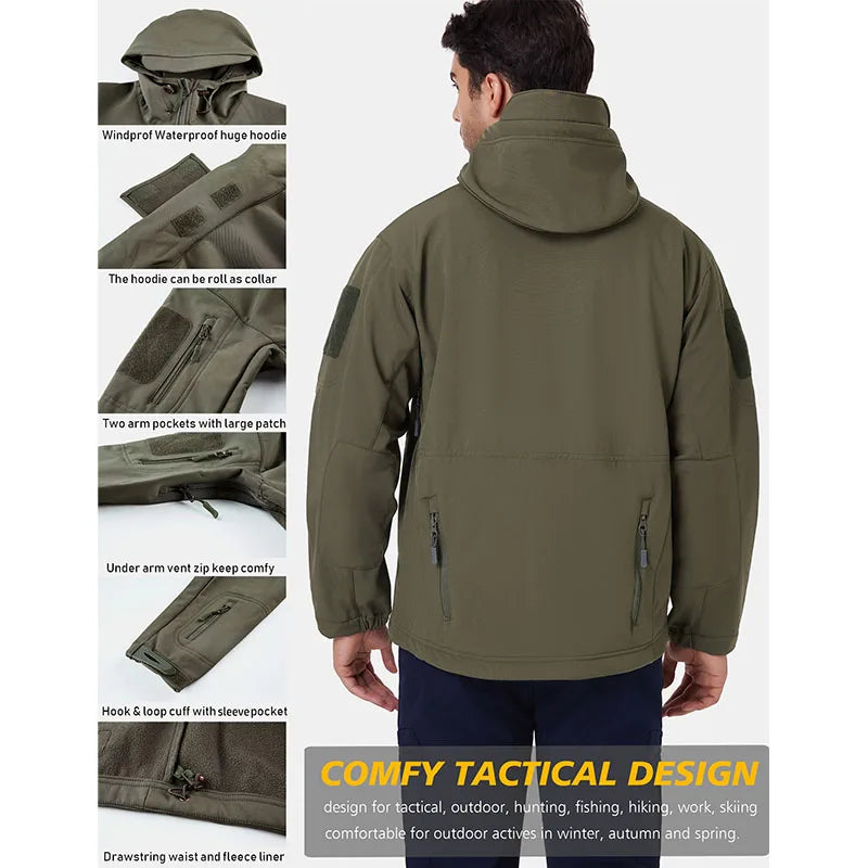 Men's Waterproof Softshell Jacket Warm Fleece Hooded Coat Windproof Outdoor Sports Fishing Hiking Jacket