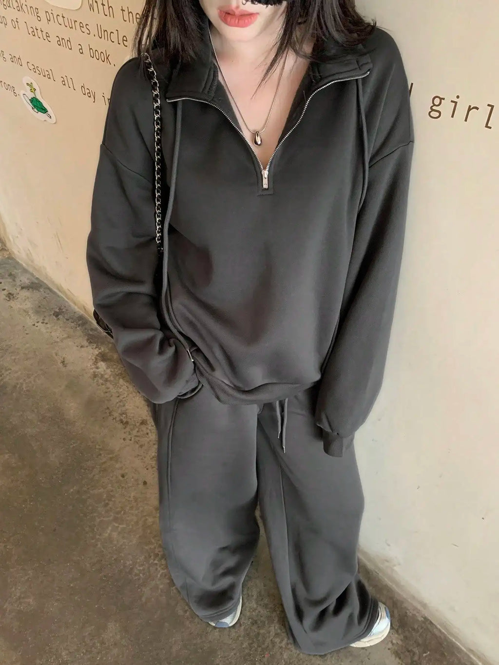 Women's Streetwear Hoodie & Wide Leg Pants Set, Casual Loose Fit 2 Piece Outfit