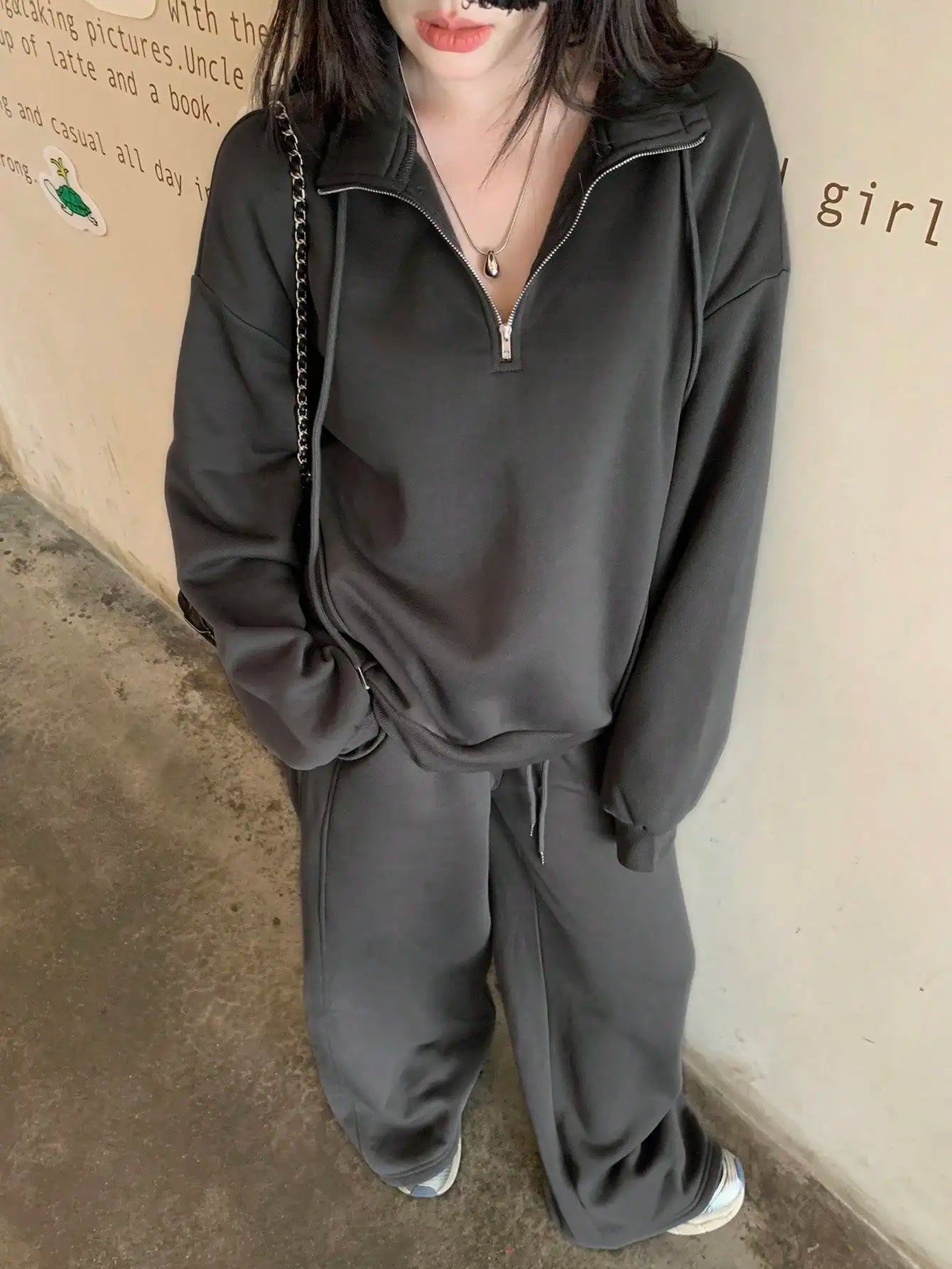 Women's Streetwear Hoodie & Wide Leg Pants Set, Casual Loose Fit 2 Piece Outfit