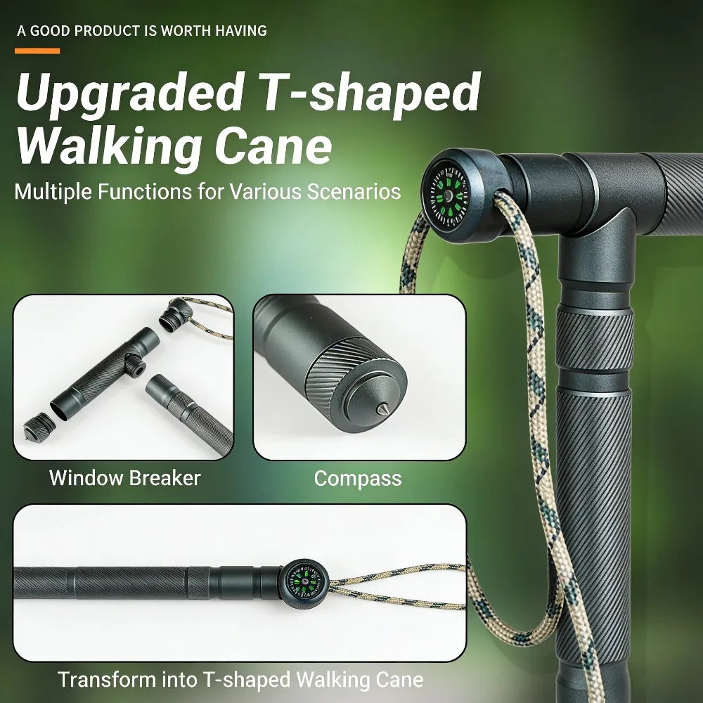 Folding Trekking Pole Heavy Duty Aluminum Alloy Handle Non-Slip Multi-Function Outdoor Hiking Walking Stick for Camping