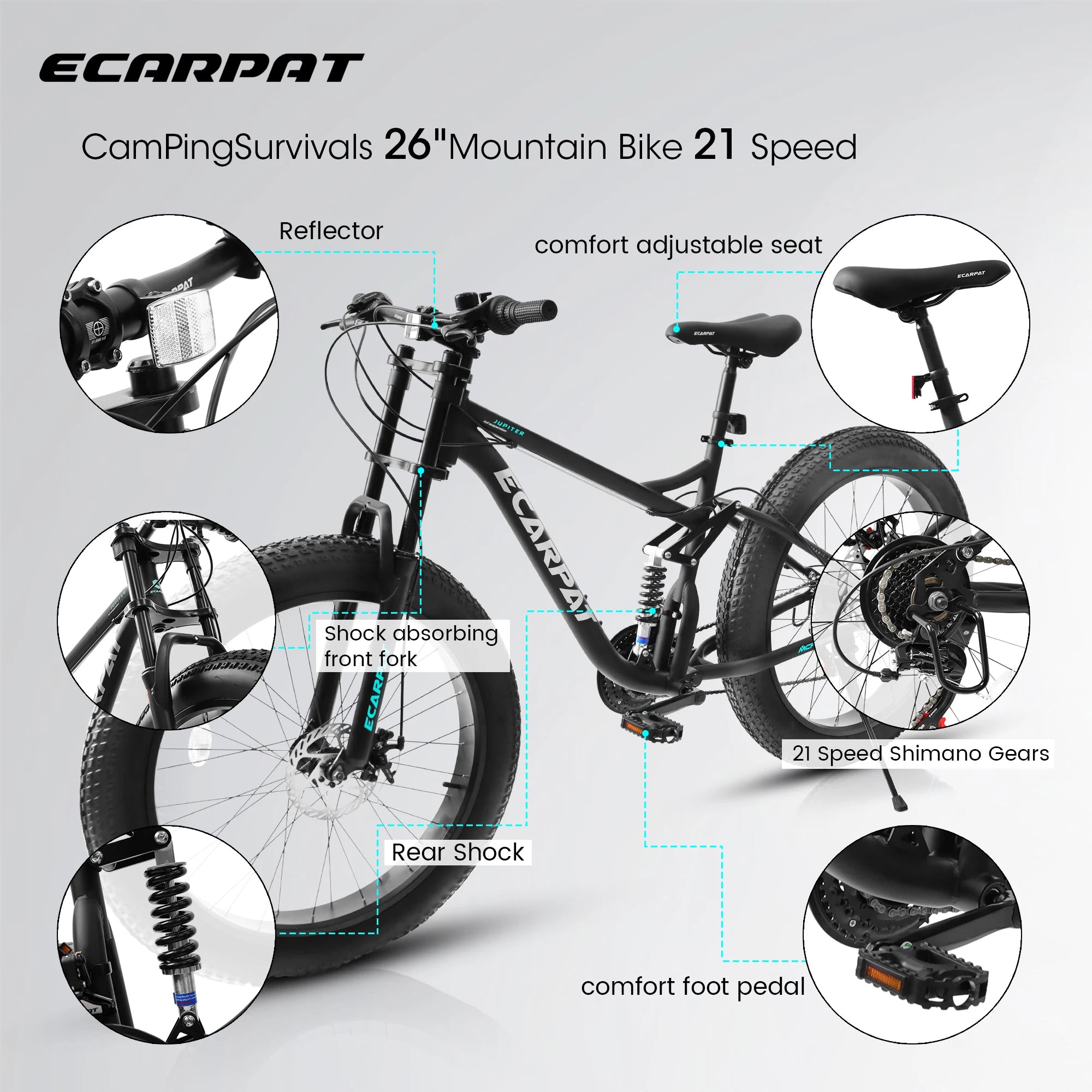 26 inch Mountain Bike, Full-Suspension 21 Speeds Drivetrain with Disc-Brake MTB Bicycle, 26*4" Fat tire